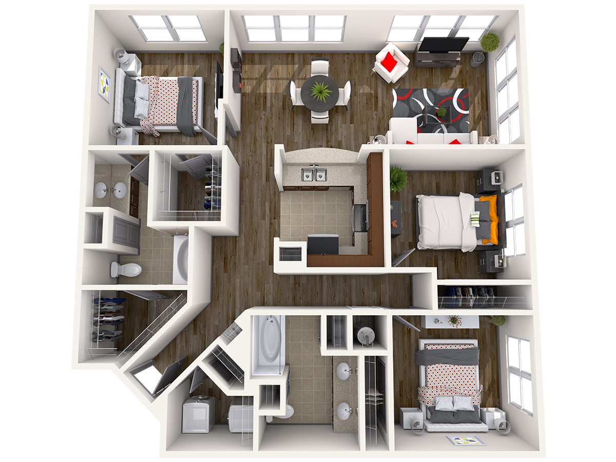 Floor plan for 3 beds, 2 baths, 1457 sqft